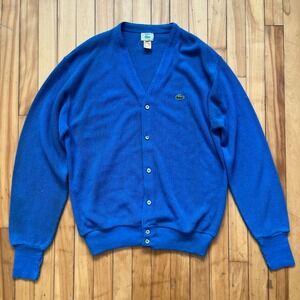 Vintage Izod Lacoste Mens XL Royal Blue Cardigan Sweater V-Neck Acrylic 70s